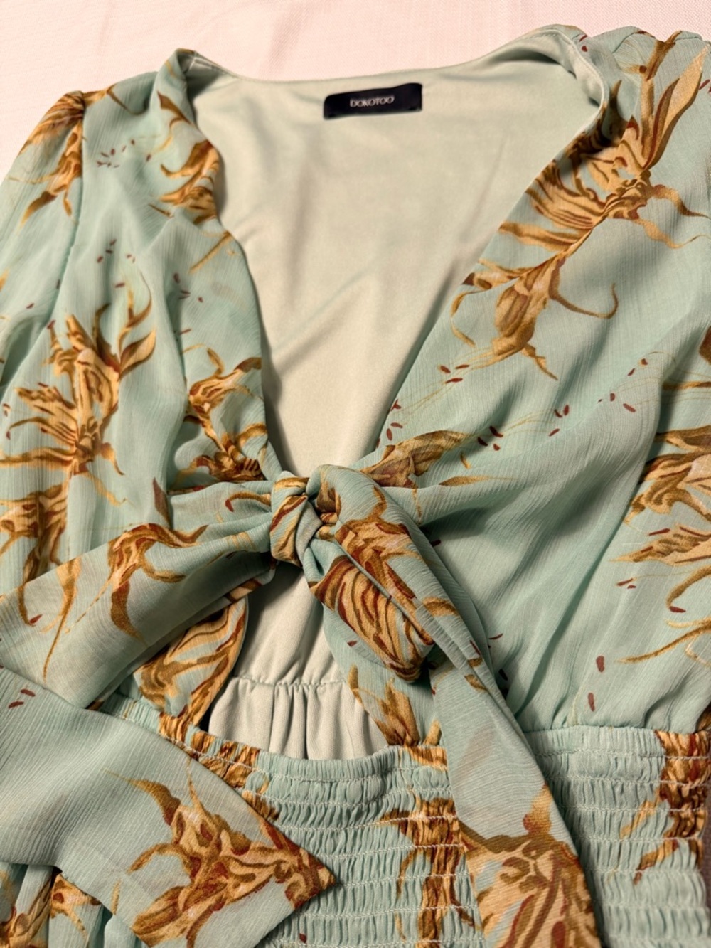 Tie-Front Floral Smocked Mini Dress in Sage Blue - Picture 5 of 8